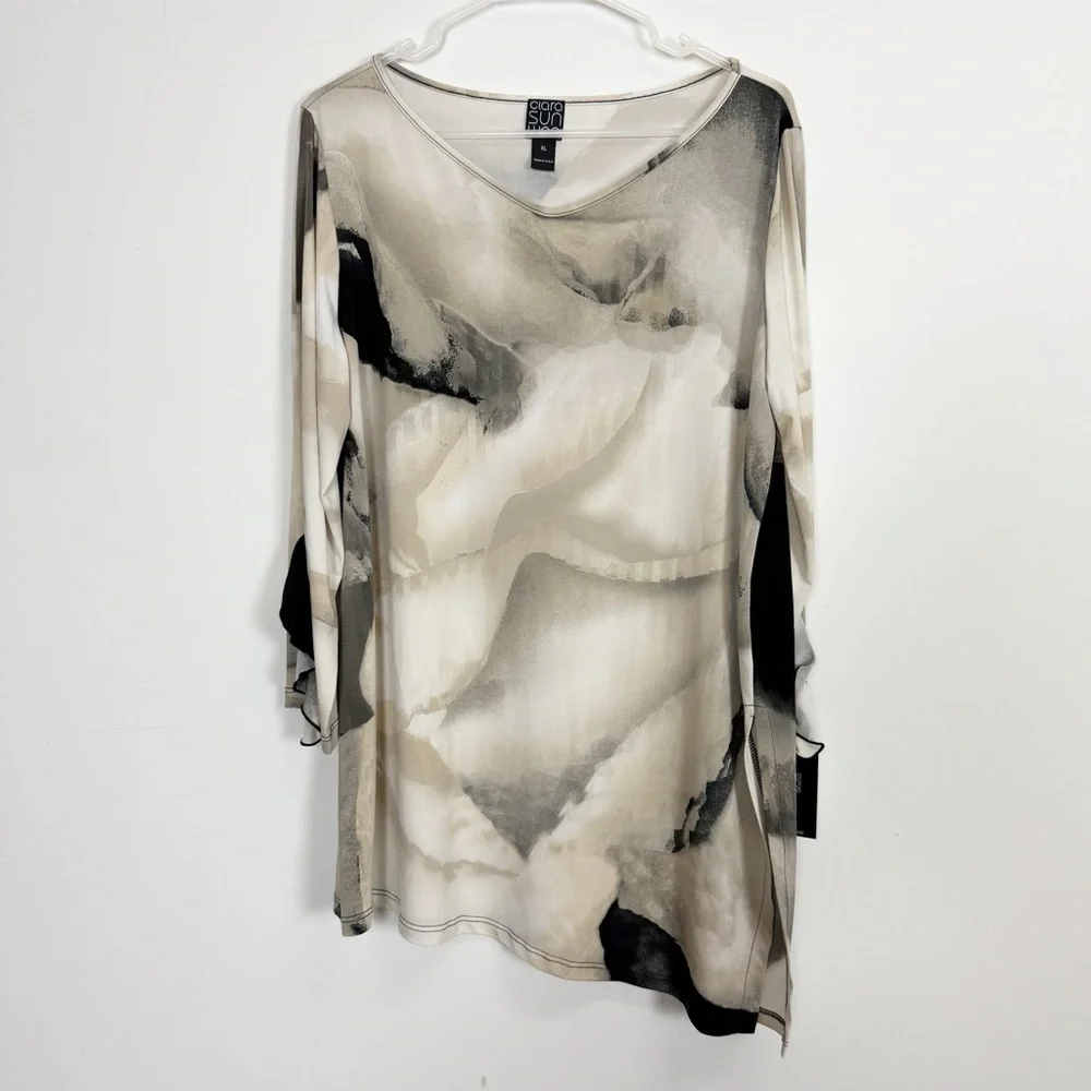 Clara Sunwoo Tunic Womens XL Black Beige 3/4 Sleeve Asymmetrical Hem NWT